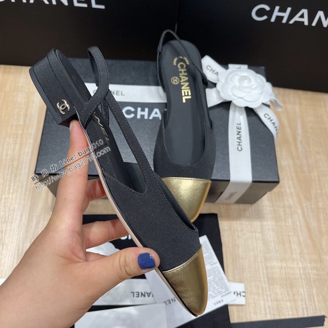 Chanel專櫃經典款女士拼色涼鞋 香奈兒時尚slingback拼色涼鞋平跟鞋中跟鞋 dx2575